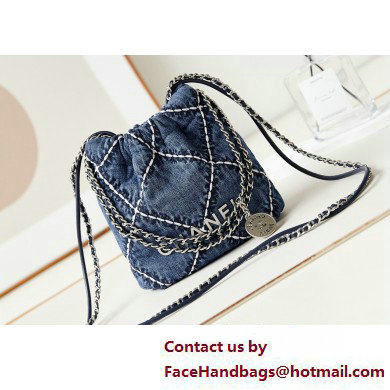 Chanel Stitched Denim  &  Silver-Tone Metal CHANEL 22 Mini Handbag AS3980 Blue